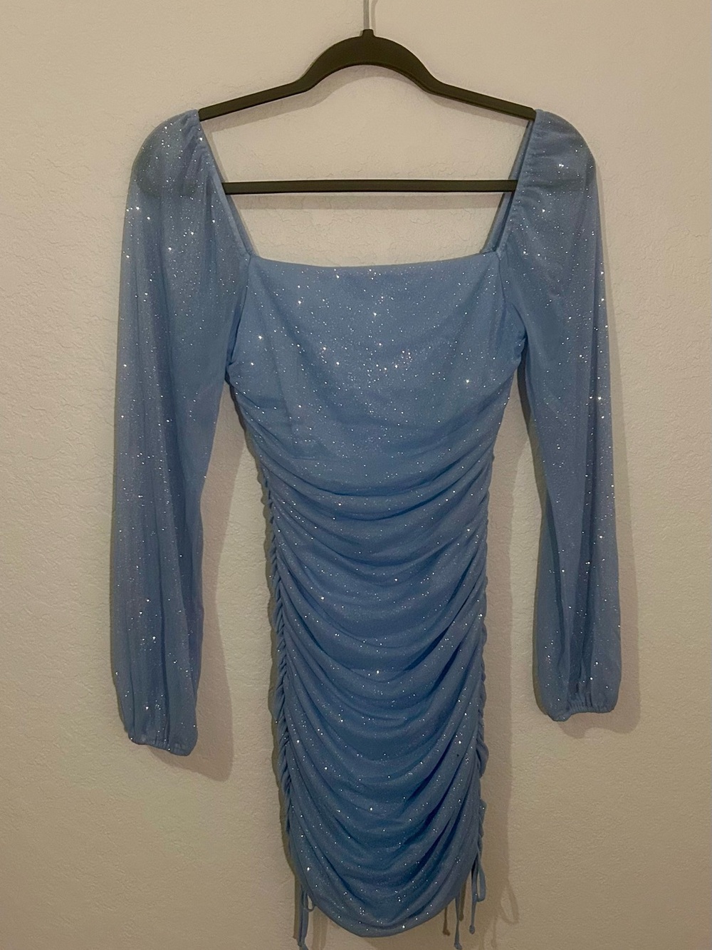 Jump Light Blue Sparkle Ruched Long Sleeve Mini Dress